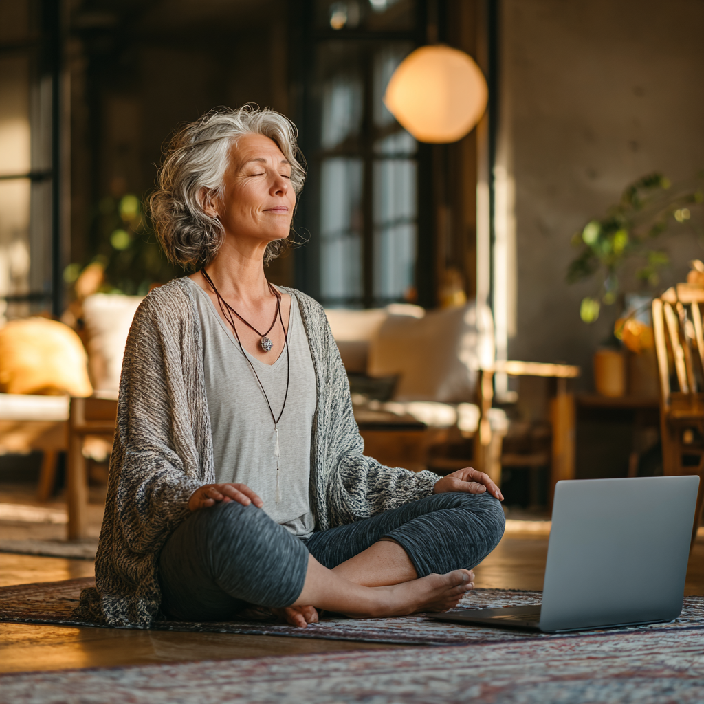 Жінка 56 років займається йогою вдома перед ноутбуком, дивлячись на онлайн-урок з інструктором
