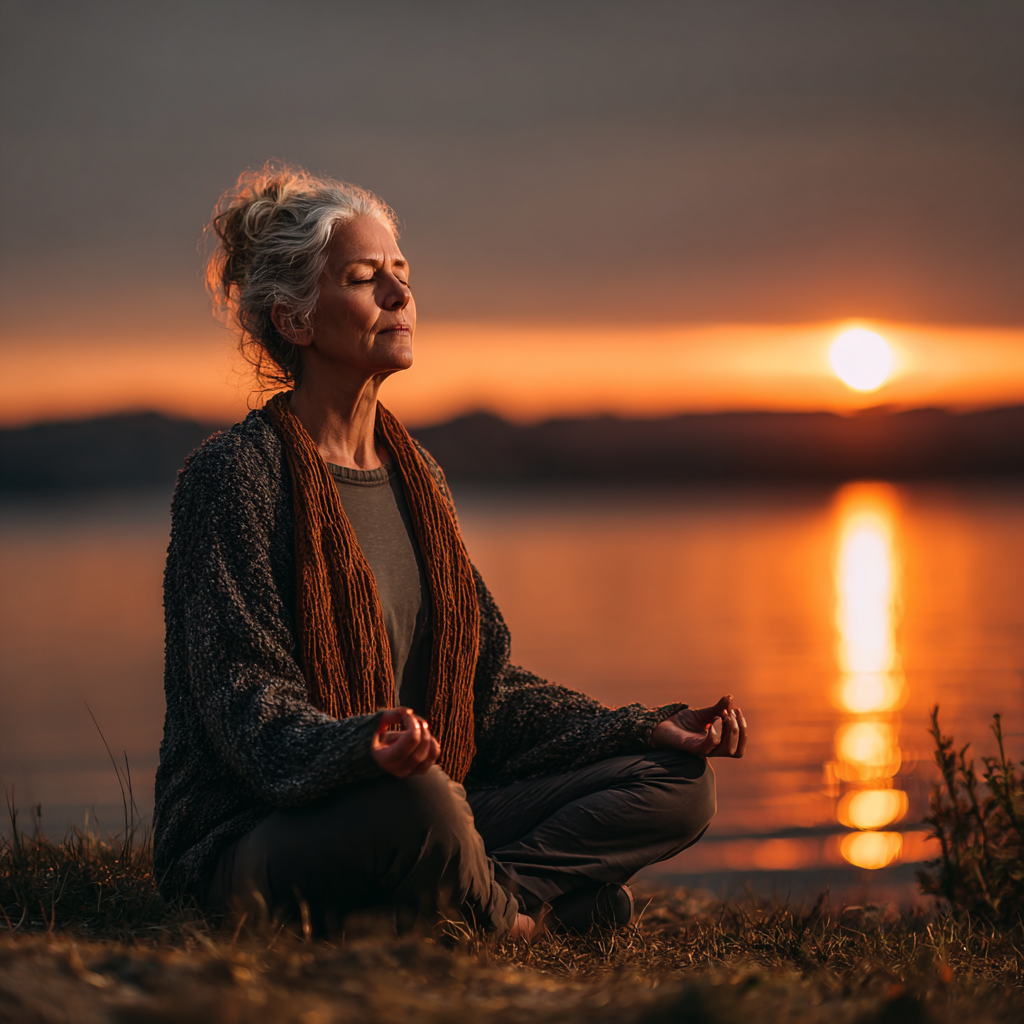 Жінка 54 років медитує на природі біля озера в позі лотоса на світанку