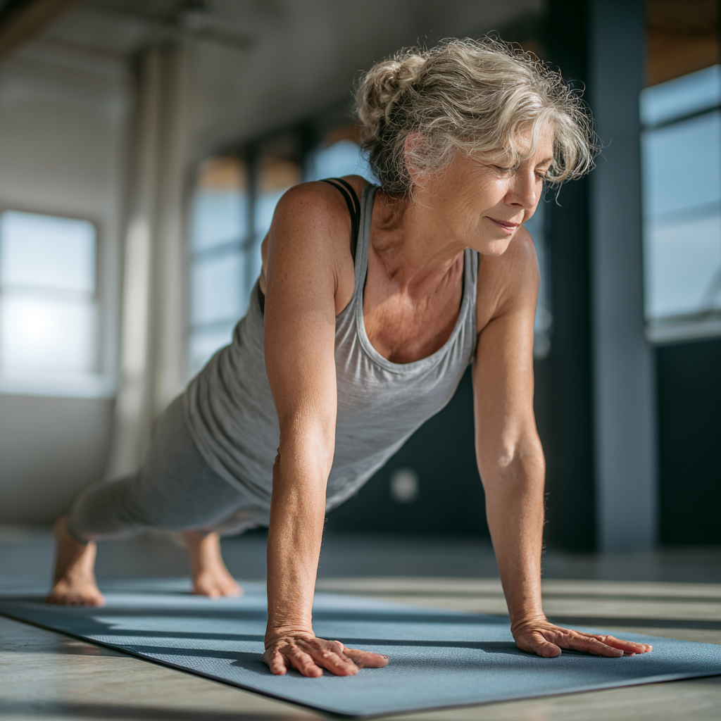 Жінка 55 років виконує м'які асани йоги на килимку в світлій студії, демонструючи початковий рівень практики