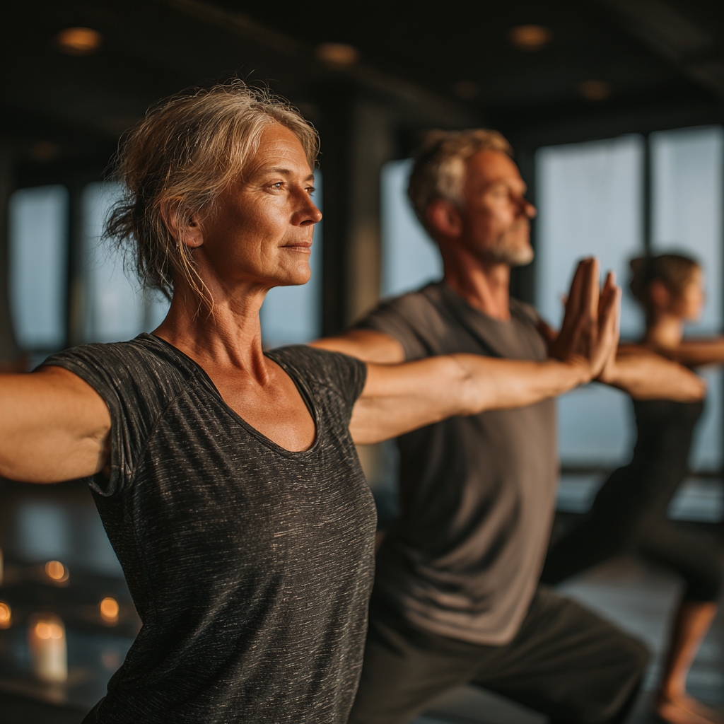 Чоловік 58 років та жінка 52 років виконують базові асани йоги з інструктором в затишній студії з великими вікнами